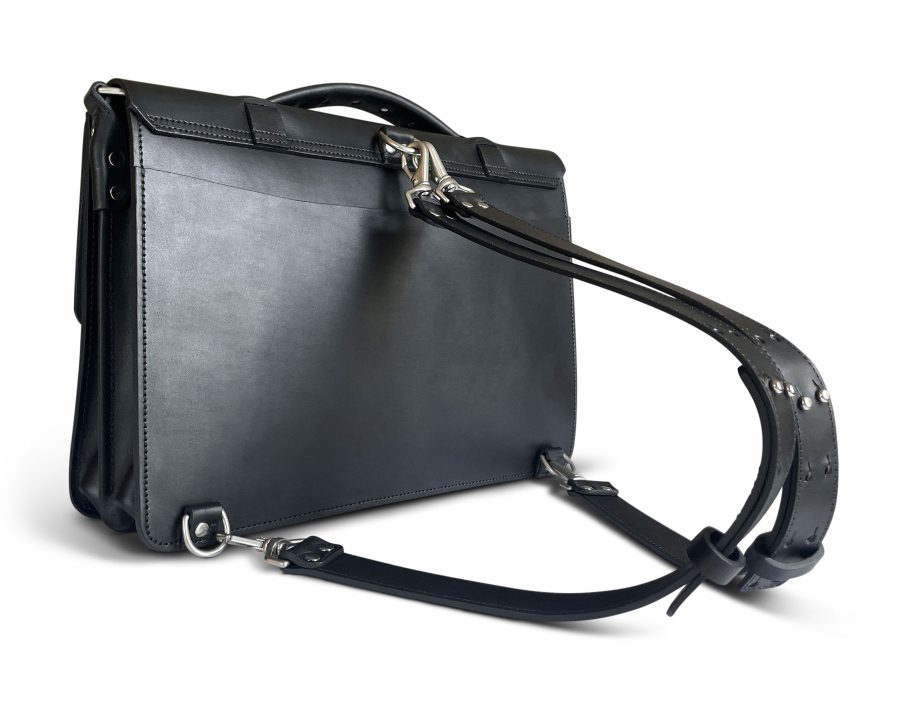 black leather messenger with backpack straps